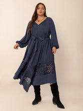 Plus Size Lace Detail Tie Neck Long Sleeve Midi Dress Dark Navy OutfitFlow